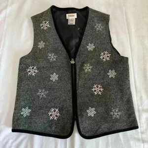 Vintage Talbots Snowflake Full Zip Vest Gray Size Small Embroidery Winter Casual